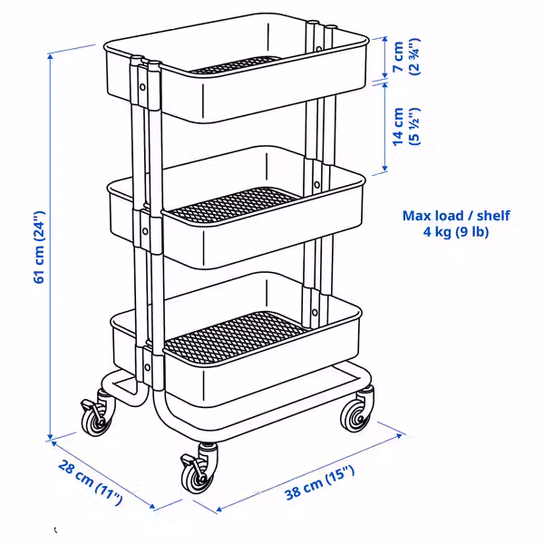 RÅSKOG Тележка - серо-зеленый 28x38x61 см - схема-чертеж с размерами