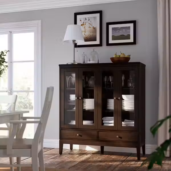 IDANÄS Шкаф со складными стеклян дверцами - темно-коричневый морилка 121x50x135 см - фото 5