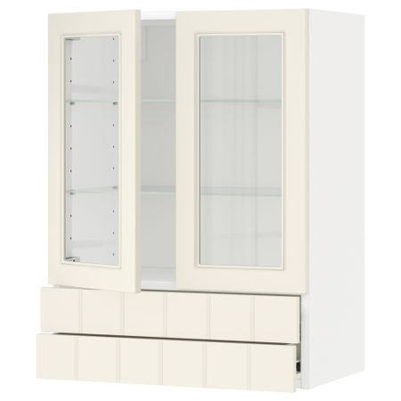 Навесной шкаф, 2 стеклянные дверцы, 2 ящика МЕТОД / ФОРВАРА, белый, Хитарп белый с оттенком