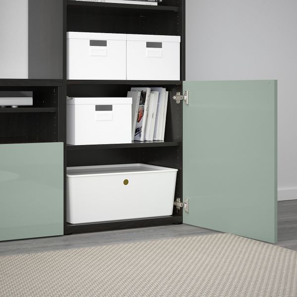 Шкаф для ТВ, комбинированный, стекляные дверцы, черно-коричневый Сельсвикен, глянцевый/серо-зеленый светлый прозрачное стекло, - фото 3