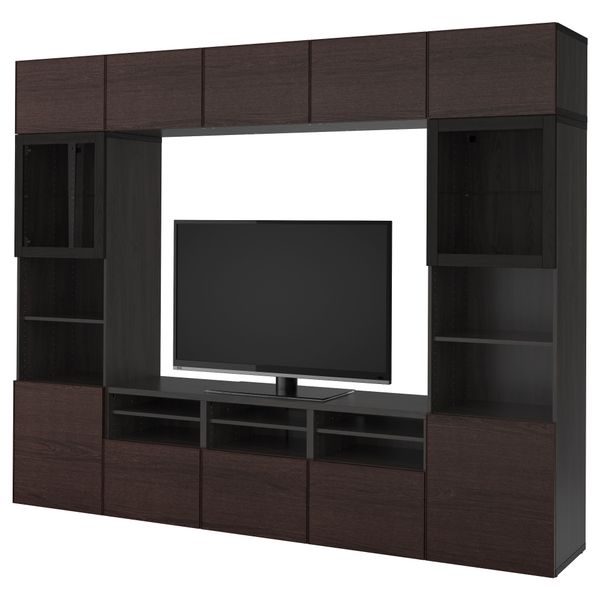 Шкаф для ТВ, комбинированный, стекляные дверцы БЕСТО, черно-коричневый, Инвикен черно-коричневый прозрачное стекло (300x40x230 - фото 1