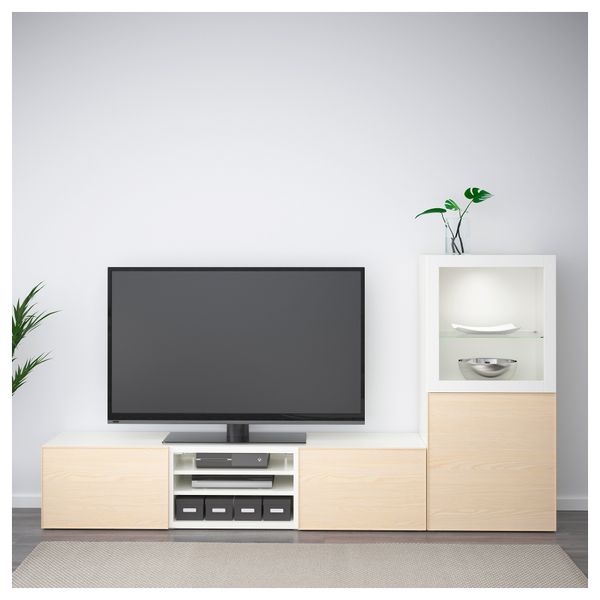 Шкаф для ТВ, комбинированный, стекляные дверцы БЕСТО, белый, Инвикен ясеневый шпон (240x40x128 см) - фото 2