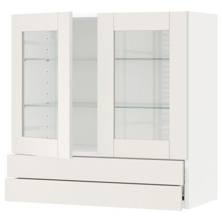 Навесной шкаф, 2 стеклянные дверцы, 2 ящика МЕТОД / ФОРВАРА, белый, Сэведаль белый