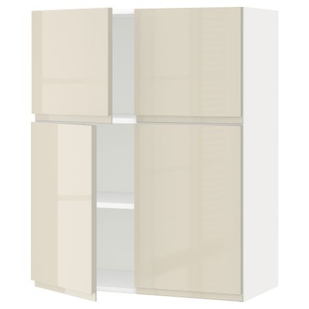 Навесной шкаф с полками, 4 дверцы МЕТОД, белый, Воксторп глянцевый светло-бежевый (80x100 см)