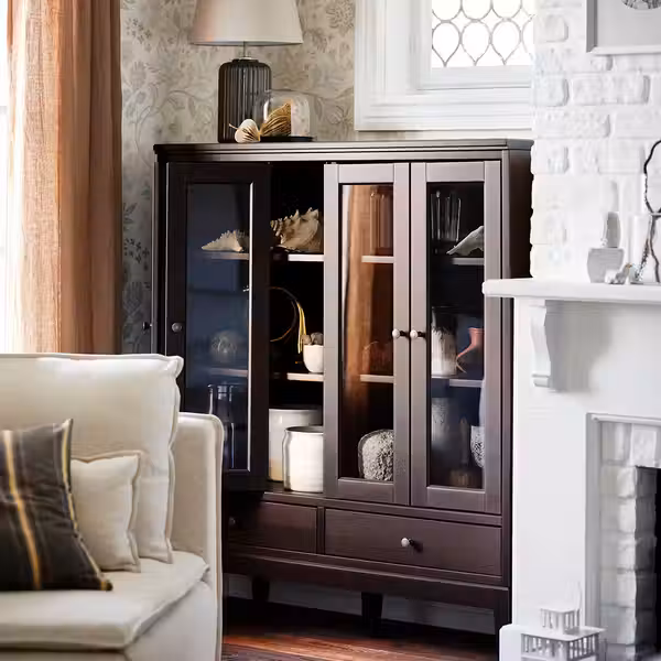 IDANÄS Шкаф со складными стеклян дверцами - темно-коричневый морилка 121x50x135 см - фото 6