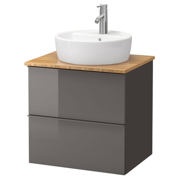 Шкаф п-раковину/столешн45/раковина ГОДМОРГОН/АЛДЕРН / ТОРНВИКЕН, глянцевый серый, бамбук (62x49x74 см) - схема-чертеж с размерами