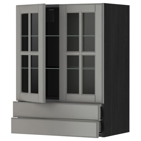 Навесной шкаф, 2 стеклянные дверцы, 2 ящика МЕТОД / МАКСИМЕРА, черный, Будбин серый