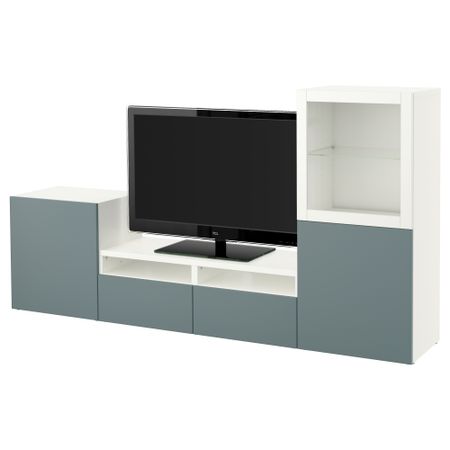 Шкаф для ТВ, комбинированный, стекляные дверцы БЕСТО, белый, Вальвикен серо-бирюзовый, прозрачное стекло (240x40x128 см)