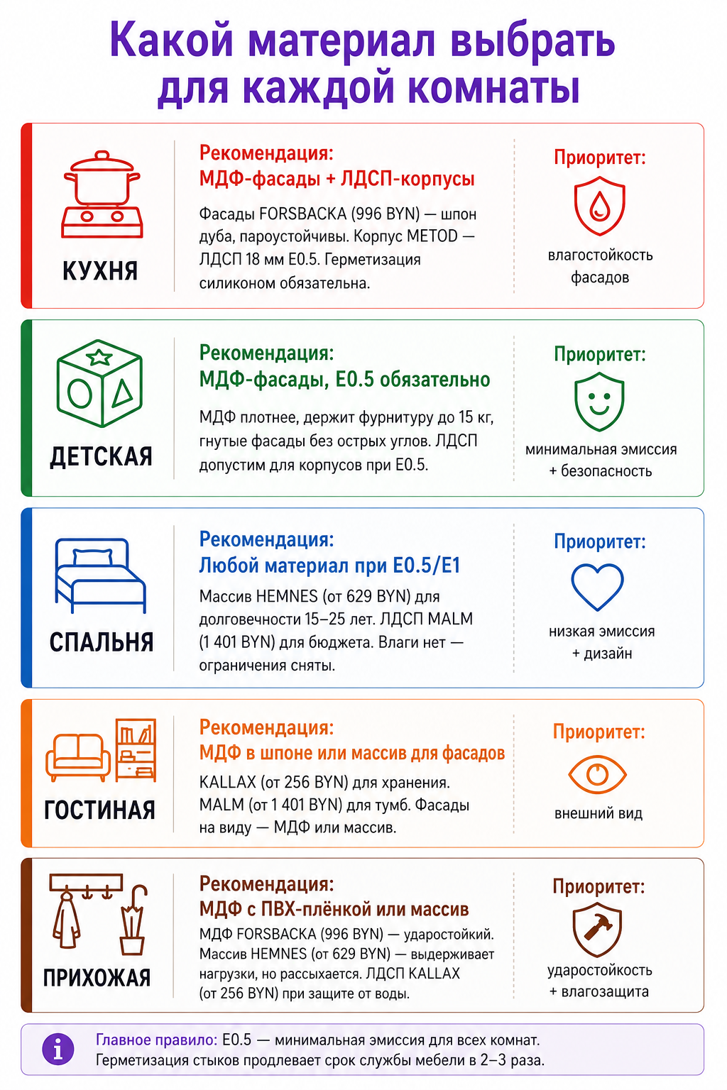 Рекомендации по материалам мебели для 5 комнат: кухня, детская, спальня, гостиная, прихожая
