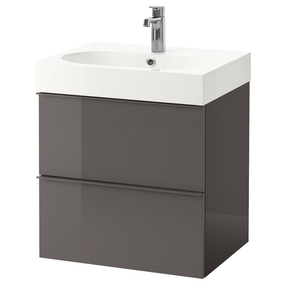 Шкаф для раковины с 2 ящиками, 61x49x68 см, глянцевый серый IKEA GODMORGON ГОДМОРГОН 698.843.57 - фото 1