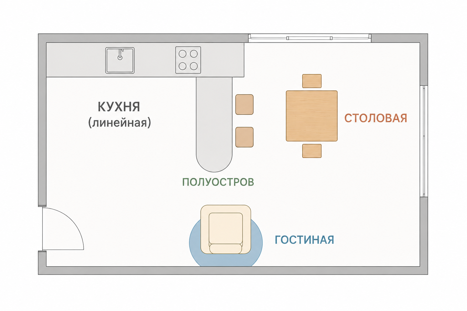 Схема варианта 2 — линейная кухня с полуостровом