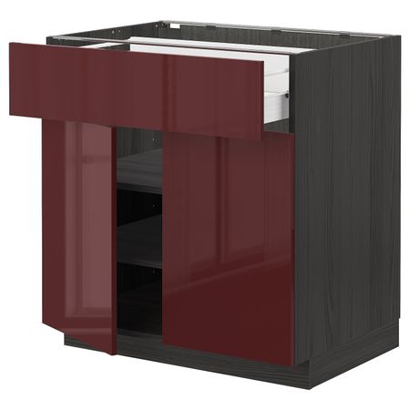 Напольный шкаф + ящик/2дверцы, черный Калларп/глянцевый темный красно-коричневый 80x60 см IKEA МЕТОД / ФОРВАРА 493.279.97