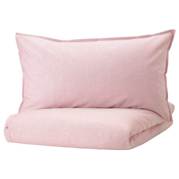 Пододеяльник и 1 наволочка, белый, красный/полоска 150x200/50x70 см IKEA BERGPALM БЕРГПАЛМ 804.676.69 - фото 1