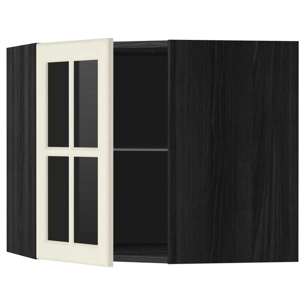 Угловой навесной шкаф с полками, стекляными дверцами МЕТОД, черный, Будбин белый с оттенком - схема-чертеж с размерами