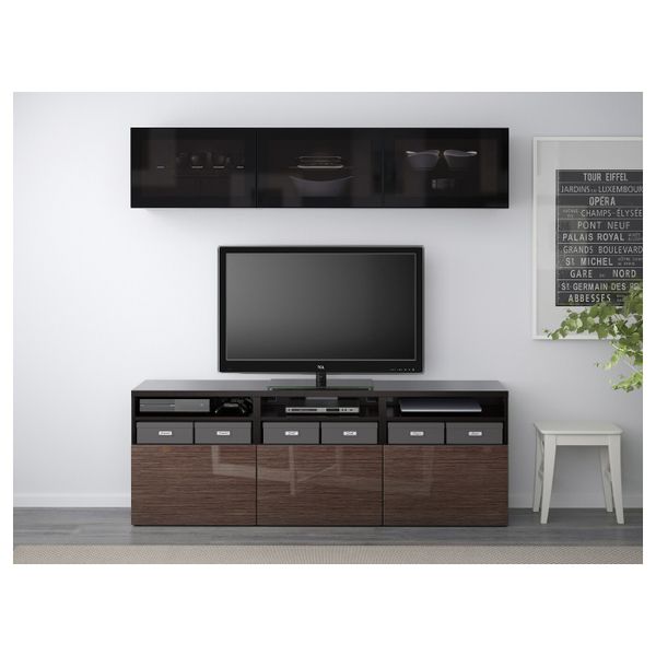 Шкаф для ТВ, комбинированный, стекляные дверцы, черно-коричневый/Сельсвикен глянцевый, коричневый дымчат стекло 180x40x192 см - фото 2