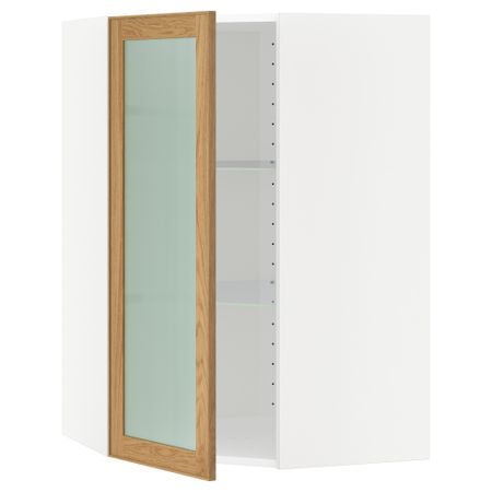 Угловой навесной шкаф с полками, стекляными дверцами МЕТОД, белый, Экестад дуб