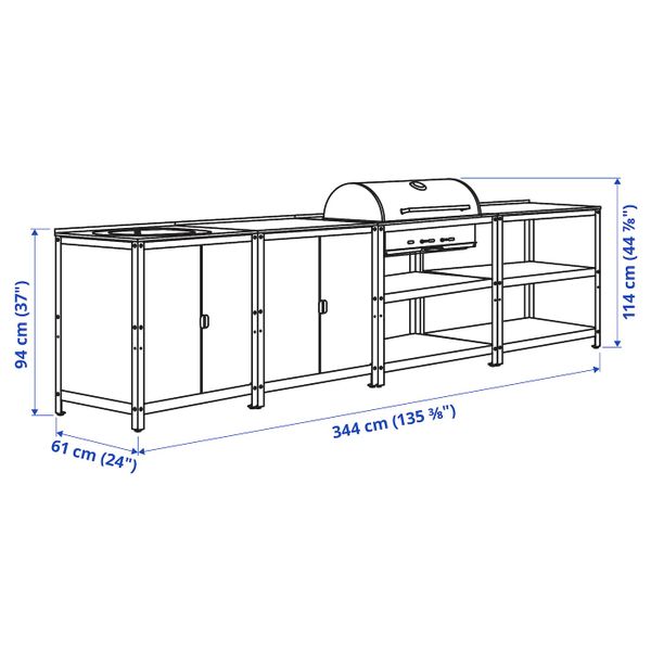 Кухонная мойка/угольн гриль,д/улицы, нержавеющая сталь 344x61 см IKEA GRILLSKÄR ГРИЛЛЬСКЭР 794.004.01 - схема-чертеж с размерами