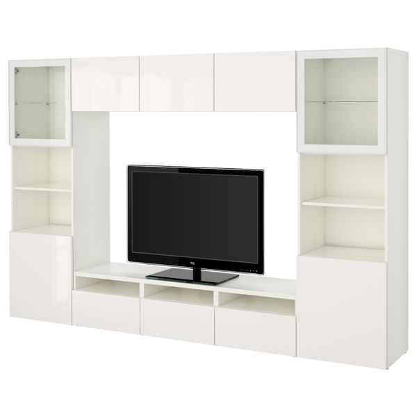 Шкаф для ТВ, комбинированный, стекляные дверцы БЕСТО, белый, Сельсвикен глянцевый/белый прозрачное стекло (300x40x192 см) - фото 1