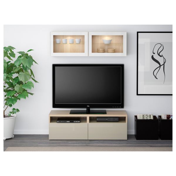 Шкаф для ТВ, комбинированный, стекляные дверцы БЕСТО, под беленый дуб, Сельсвикен глянцевый/бежевый прозрачное стекло - фото 2