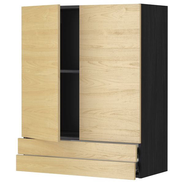 Навесной шкаф, 2 дверцы, 2 ящика МЕТОД / ФОРВАРА, черный, Тингсрид береза - фото 1
