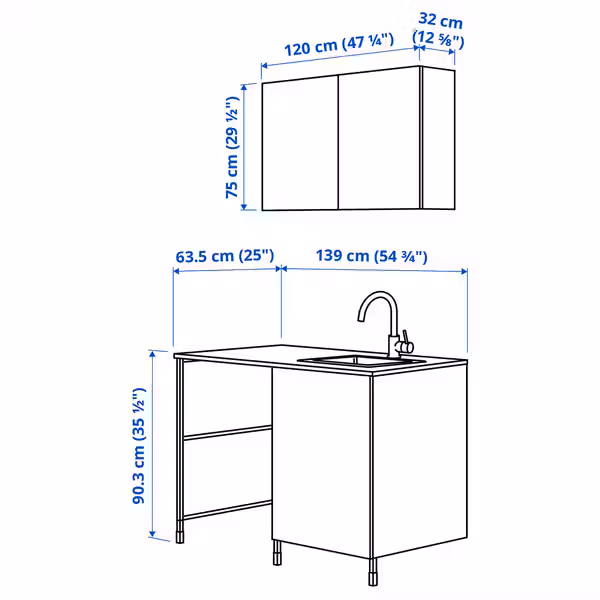 ENHET Комбинация для домашней прачечной - антрацит/белый 139x63.5x87.5 см - схема-чертеж с размерами