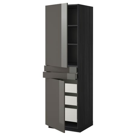 Высокий шкаф + полки, 5 ящиков, 2 дверцы, 2 фронтальных МЕТОД / МАКСИМЕРА, черный, Рингульт серый