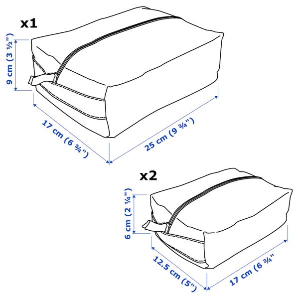 Сумочка для аксессуаров, 3 предм., точечный/желтый IKEA RENSARE РЕНСАРЕ 204.325.12 - схема-чертеж с размерами
