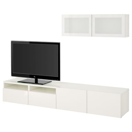 Шкаф для ТВ, комбинированный, стекляные дверцы БЕСТО, белый, Сельсвикен глянцевый/белый матовое стекло (240x20/40x166 см)