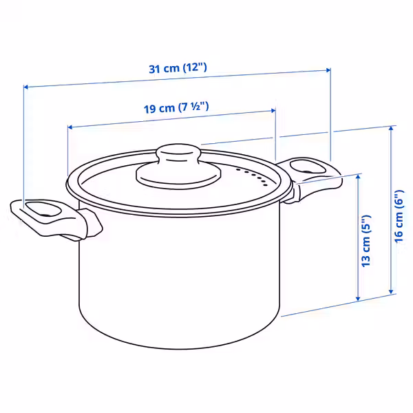 HEMLAGAD Кастрюля с крышкой - антипригарное покрытие чёрный 3 л - схема-чертеж с размерами