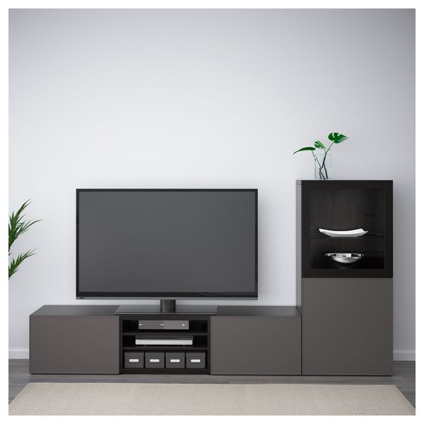 Шкаф для ТВ, комбинированный, стекляные дверцы БЕСТО, черно-коричневый Грундсвикен, темно-серый прозрачное стекло (240x40x128 - фото 3