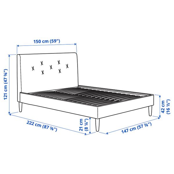 Каркас кровати с обивкой, Гуннаред темно-серый 140x200 см IKEA IDANÄS ИДАНЭС 404.595.91 - схема-чертеж с размерами