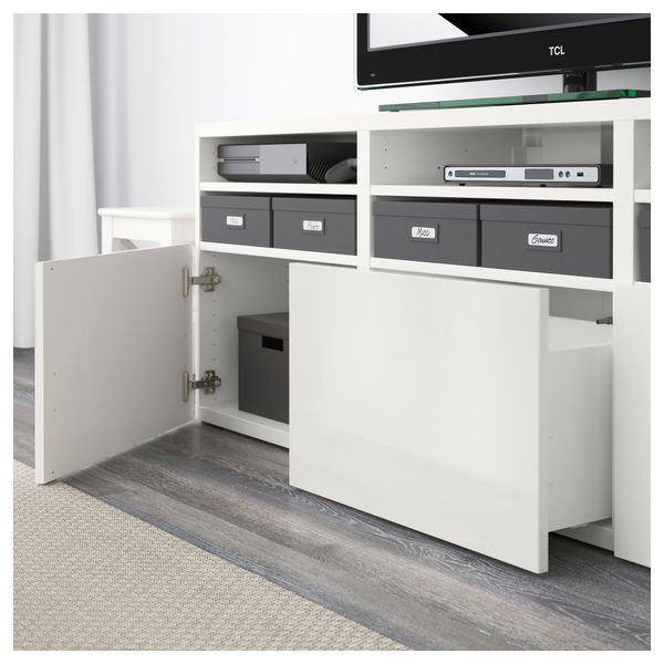 Шкаф для ТВ, комбинированный, стекляные дверцы БЕСТО, белый, Сельсвикен глянцевый/белый матовое стекло (180x40x192 см) - фото 3