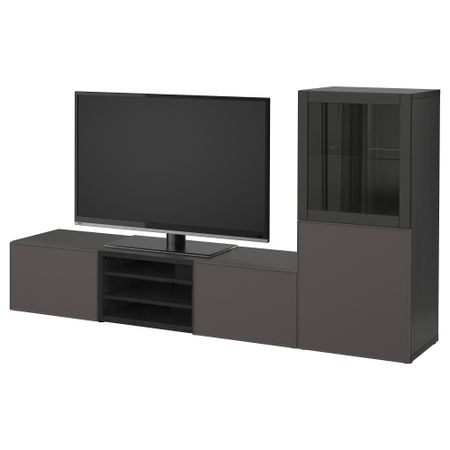 Шкаф для ТВ, комбинированный, стекляные дверцы БЕСТО, черно-коричневый Грундсвикен, темно-серый прозрачное стекло (240x40x128