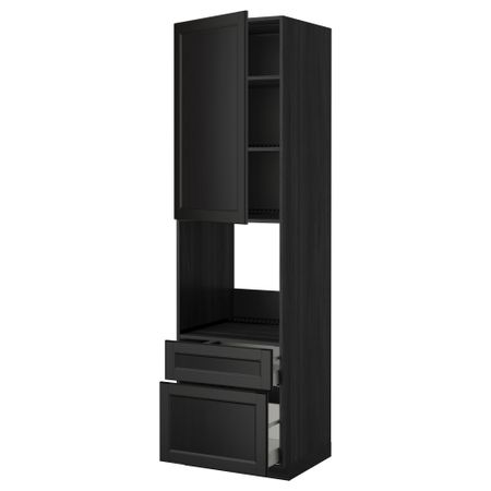 Высокий шкаф для духовки + дверь, 2 ящика МЕТОД / МАКСИМЕРА, черный, Лаксарби черно-коричневый