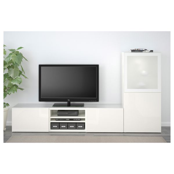 Шкаф для ТВ, комбинированный, стекляные дверцы БЕСТО, белый, Сельсвикен глянцевый/белый матовое стекло (240x40x128 см) - фото 2