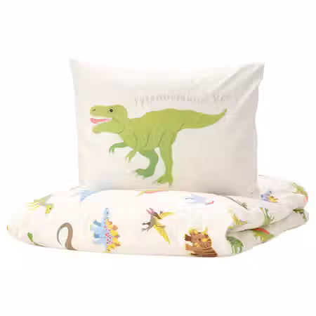 JÄTTELIK Пододеяльник и наволочка - динозавры/белый 150x200/50x60 см